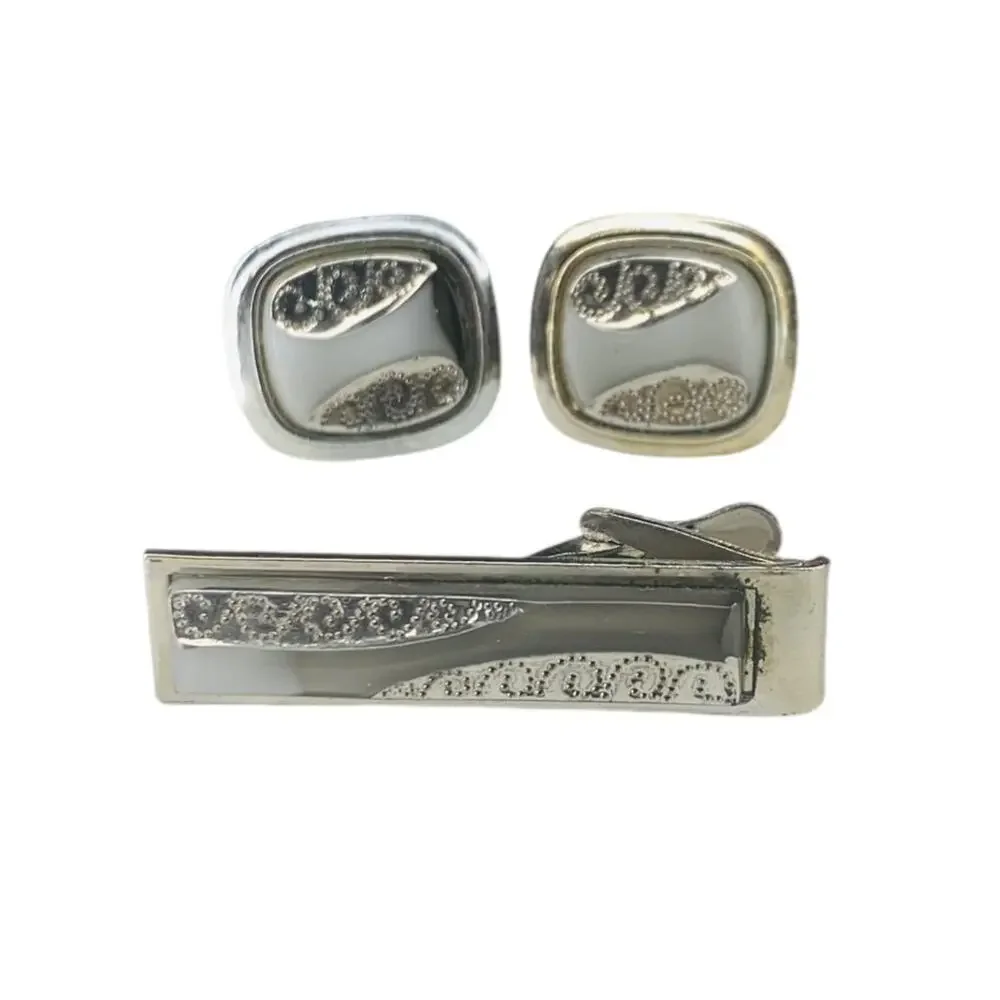 Mens Tie Clip and Pair Cufflinks Set Vintage 1960s Silvertone Gray Stone